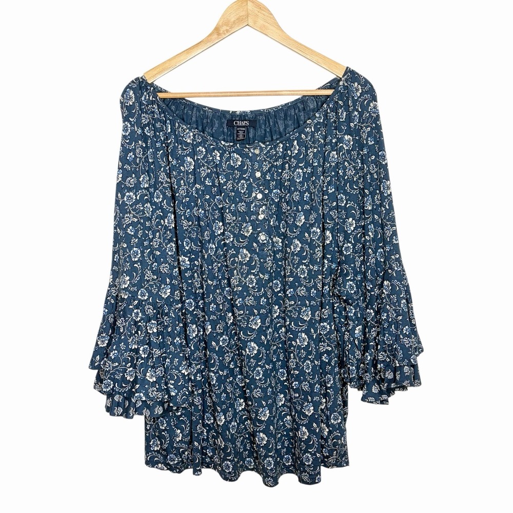 Chaps Floral Ruffled Knit Top Blue Womens 3X Nautical Preppy Heritage Coastal